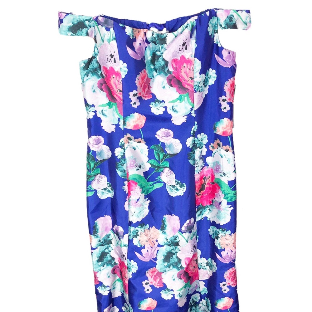 Off The Shoulder Floral Print Satin Square Neck Corset Back Hourglass Prom Dress - Picture 6 of 14